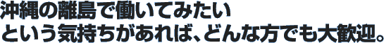 沖縄の離島で働いてみたいという気持ちがあれば、どんな方でも大歓迎。